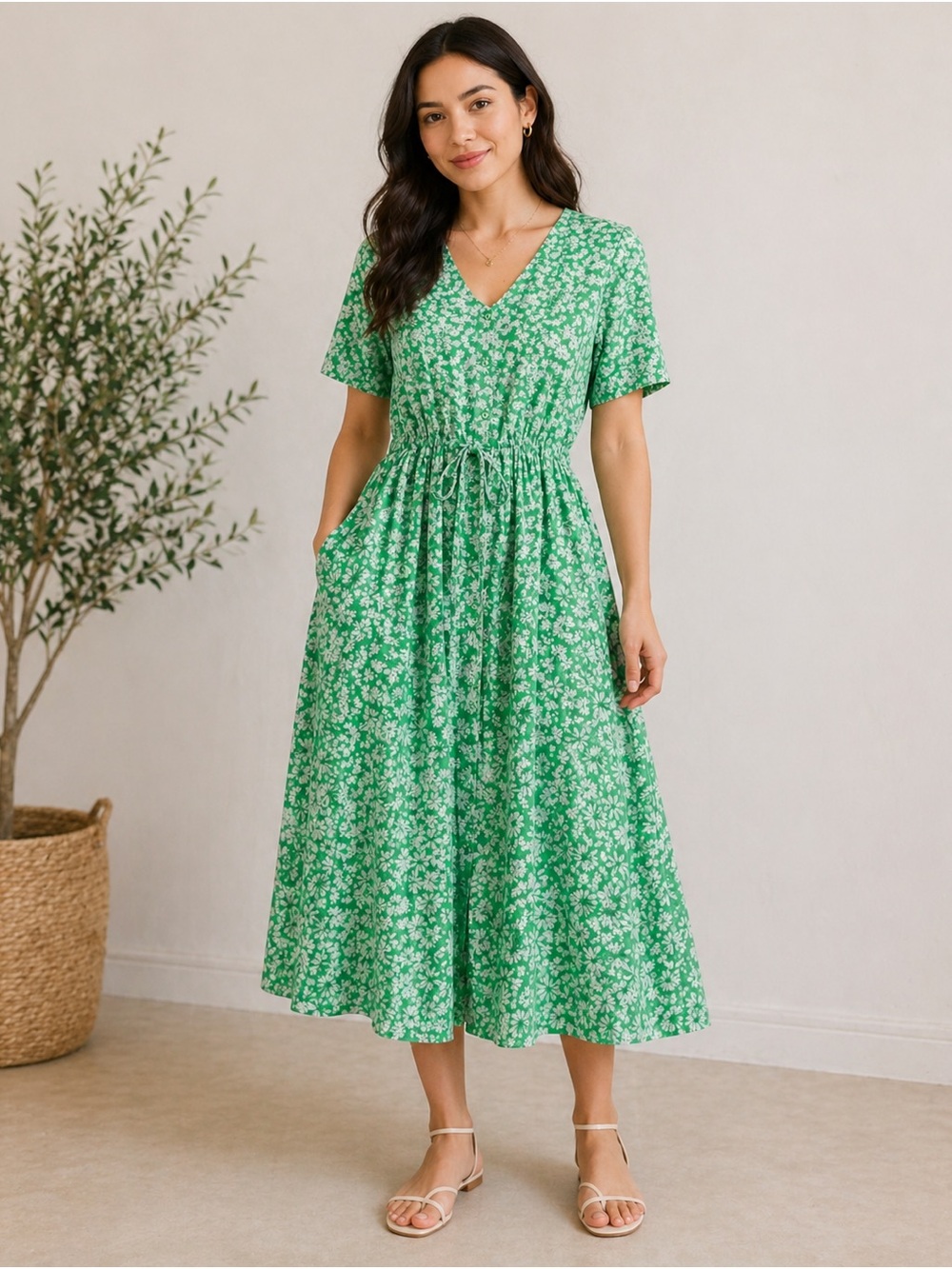 NWT PIECES Green Floral Midi Dress M Tie Waist V-Neck EcoVero Summer Boho